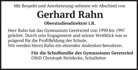 Traueranzeigen Von Gerhard Rahn Trauer Merkur De