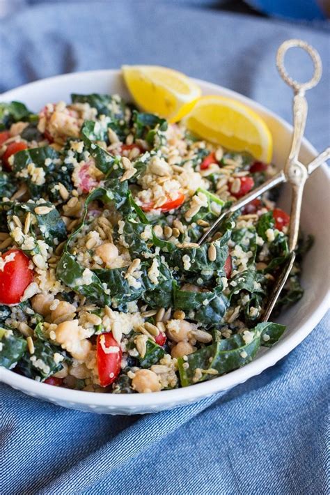 Kale And Quinoa Salad With Cherry Tomatoes And Lemon Tahini Dressing She