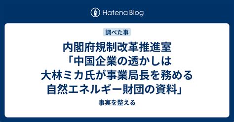 内閣府規制改革推進室「中国企業の透かしは大林ミカ氏が事業局長を務める自然エネルギー財団の資料」 事実を整える