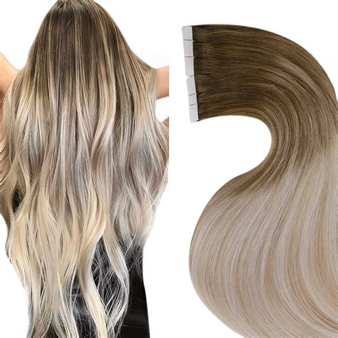 Laavoo Balayage Tape In Hair Extensions 18 Inch Light Brown To Ash Blonde Mix Platinum Blonde