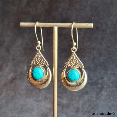 Boucles D Oreilles Pendant Turquoise En Laiton Boucles D Oreilles