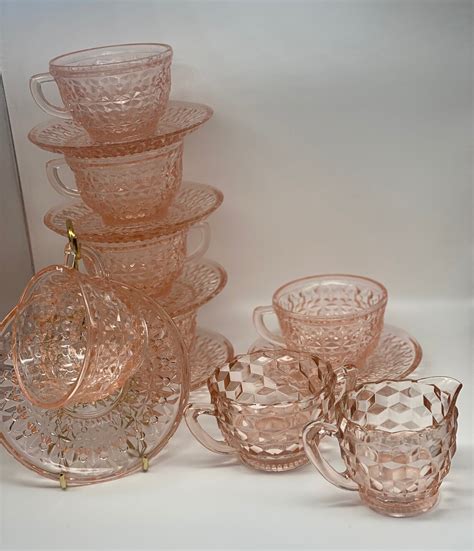 Pink Depression Glass Holiday Buttons And Bows Tea Cup Set Of Etsy