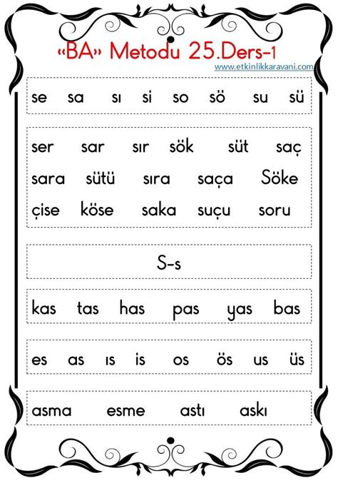 Basara Metodu 25 Ders S Harfi Okuryazarlık Okuma çalışması Alfabe