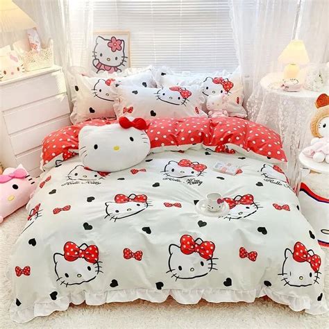 Kawaii Hello Kitty Four Piece Bedding Set Anime Sanrio Cartoon Student