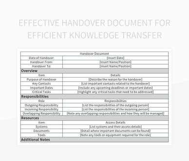 Effective Handover Document For Efficient Knowledge Transfer Excel