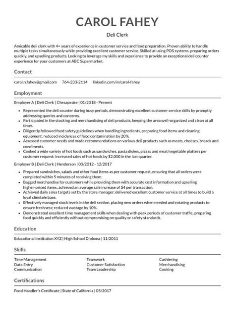 Deli Clerk Resume (CV) Example and Writing Guide