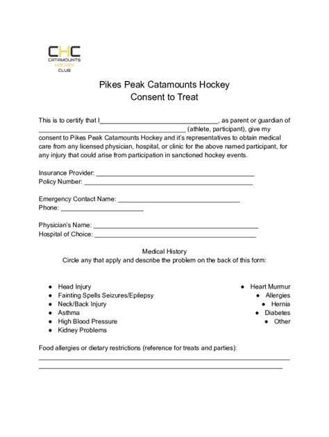 Fillable Online Pikes Peak Catamounts Hockey Consent To Treat Fax Email