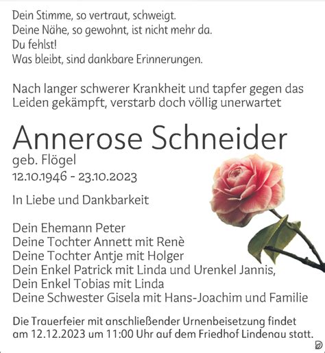 Traueranzeigen Von Annerose Schneider Trauer Anzeigen De