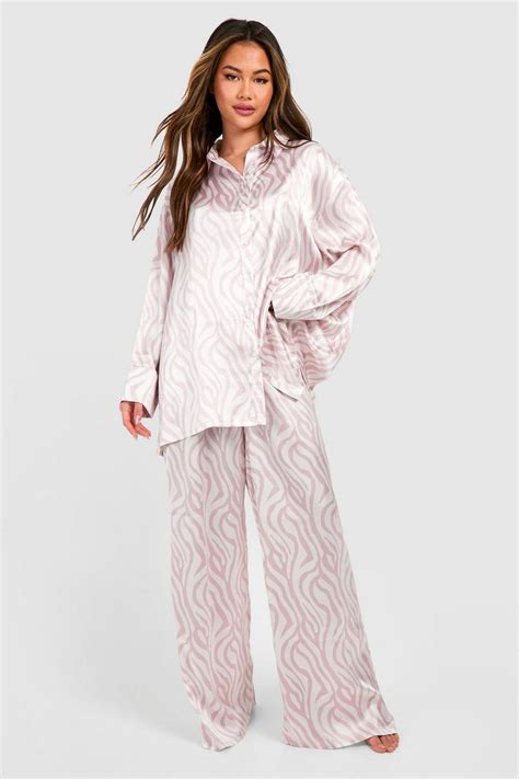 Oversized Tonal Zebra Print Satin Pyjama Set Boohoo Uk