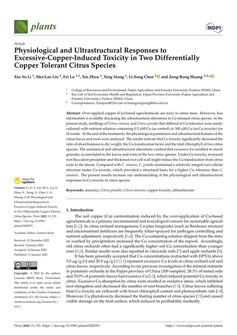 Pdf Physiological And Ultrastructural Responses To Excessive Copper Induced Toxicity In Two