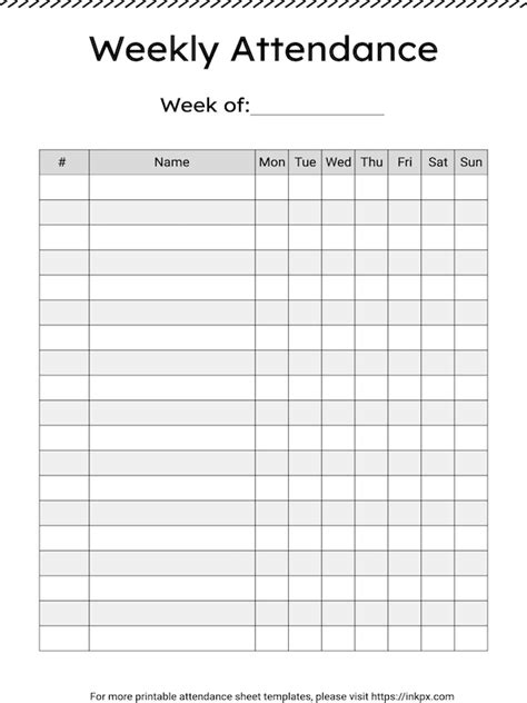 Free Printable Simple Black and White Weekly Attendance Sheet Template ...