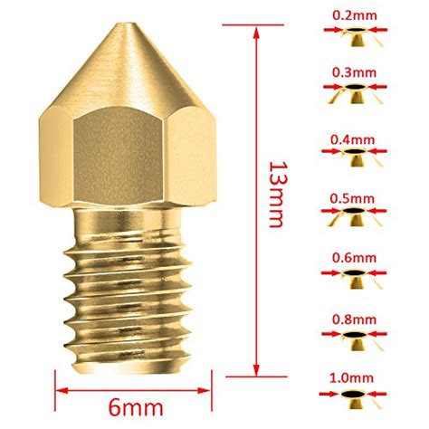 Siquk 22 Pieces 3d Printer Nozzles Mk8 Nozzle 0 2mm 0 3mm 0 4mm 0 5mm 0 6mm 0 8mm 1 0mm