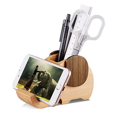 AhfuLife Wooden Elephant Cell Phone Holder Stand With Pen Pencil Holder