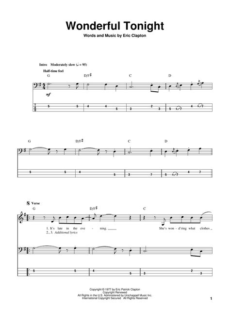 Wonderful Tonight By Eric Clapton Sheet Music For Bass Guitar Playalong