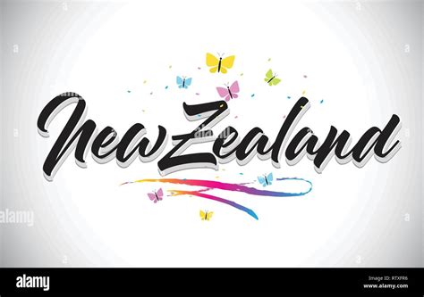 Newzealand Handwritten Word Text With Butterflies And Colorful Swoosh Vector Illustration Design