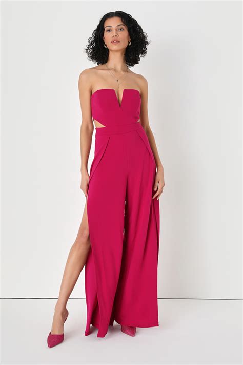 Hot Pink Wide Leg Jumpsuit Strapless Jumpsuit Cutout Jumpsuit Lulus