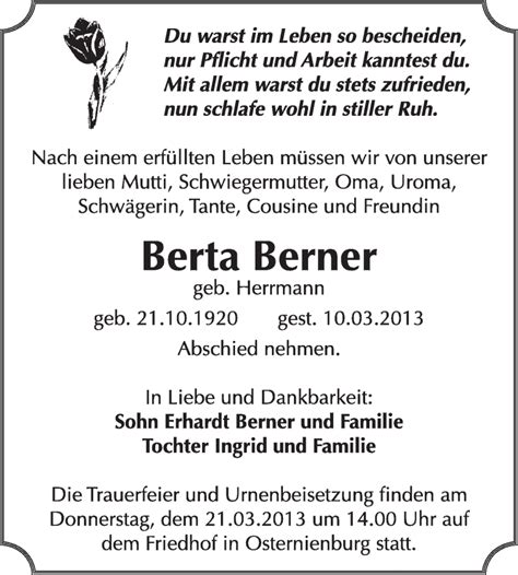 Traueranzeigen Von Berta Berner Abschied Nehmen De