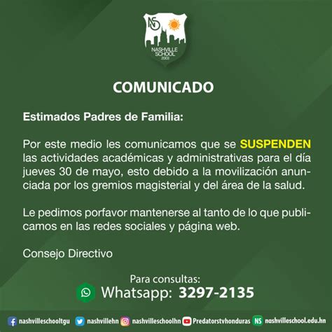 Comunicado suspensión de clases jueves 30 de mayo Nashville School