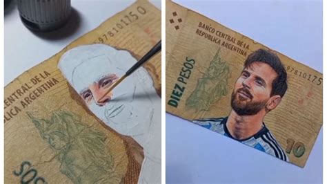 Aficionado dibujó a Lionel Messi en un billete de diez pesos argentinos