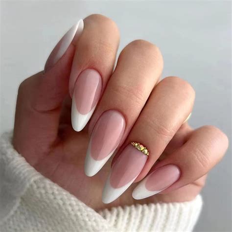 Pcs Medium Almond False Nails French White Tip Stick On Nails Nude Pink Press On Nails