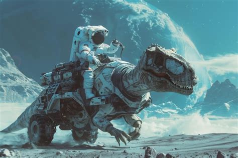 Astronaut Riding Cybernetic Trex On Alien Planet Premium Ai Generated