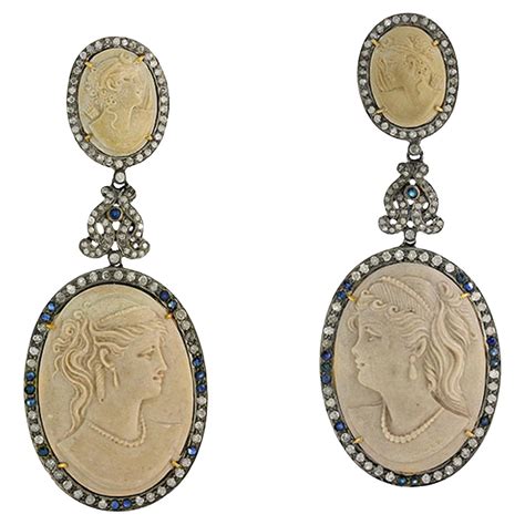 Woman Portrait Shell Cameo Earrings With Sapphires And Diamonds 9927