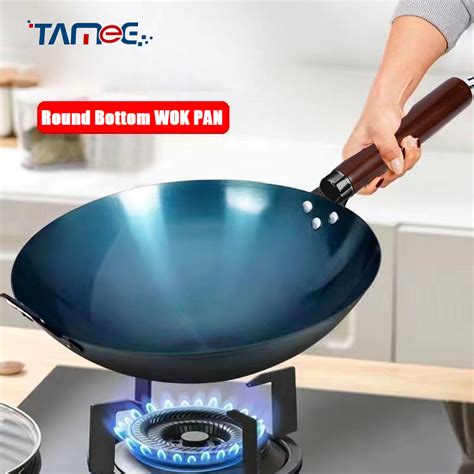 Tamee Wok Pan Flat Bottom Stir Frying Stainless Steel Non Stick Kawali