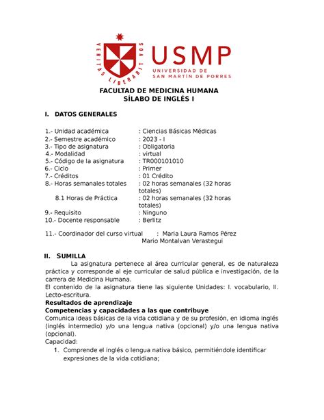 Silabo Ingles I 2023 I Silabus inglés FACULTAD DE MEDICINA HUMANA