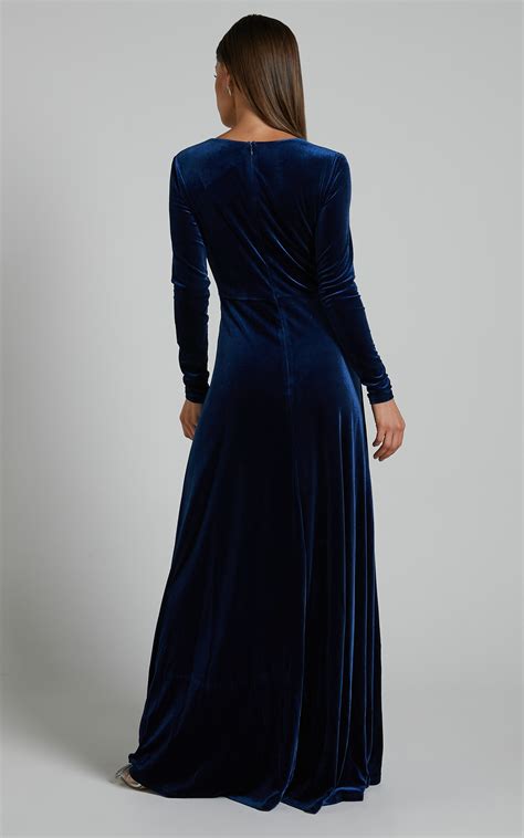 Sloane Long Sleeve Wrap Maxi Dress In Navy Showpo