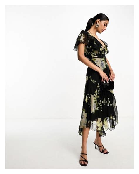 Asos V Front V Back Ruffle Midi Dress With Flutter Sleeve And Tie Belt In Black Lyst