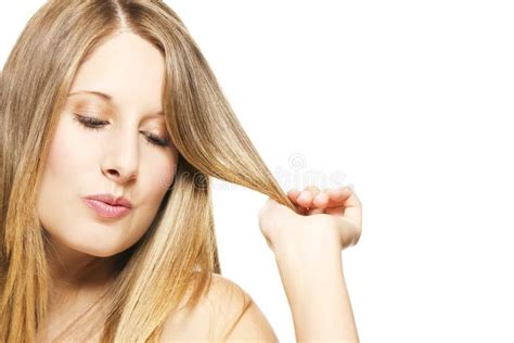 Impishly Blonde Woman Playing With Her Hairs Stock Image Image Of Adult Impishly