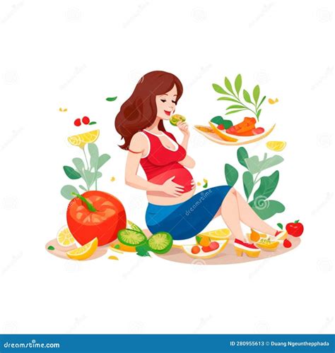 Pregnant Woman Eating Healthy Food Fruits Cartoon Style Stock