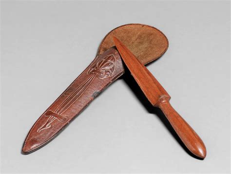 Arts Crafts Hand Tooled Leather Mahogany Letter Opener Set C