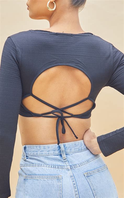 Black Stretch Rib Backless Tie Crop Top Prettylittlething