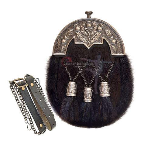 Black Fur Premium Sporran With Enamel Thistle Cantle Ever