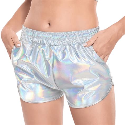 Biekopu Shiny Metallic Rave Booty Dance Shorts For Women Elastic Waist