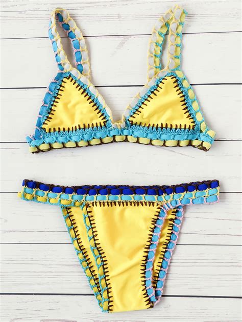 Yellow Crochet Trim Triangle Bikini SetFor Women Romwe