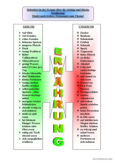 Gesund essen Vor und Nachteile imp Deutsch DAF Arbeitsblätter pdf doc