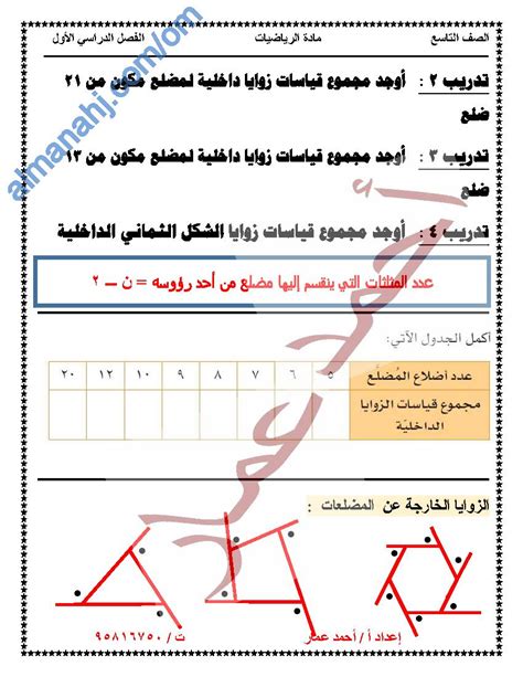 درس المضلعات مع أمثلة تدريبية الصف التاسع رياضيات الفصل الأول 20202021