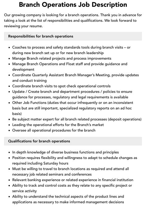 Branch Operations Job Description Velvet Jobs