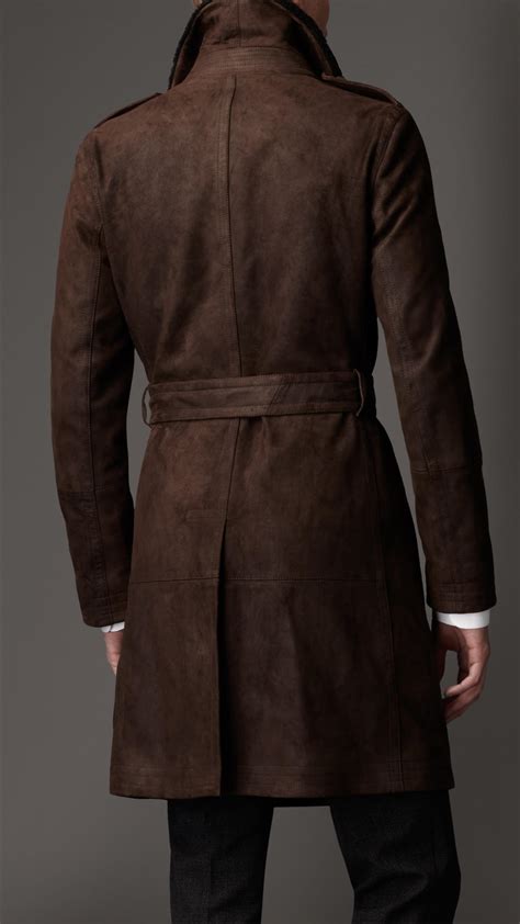 Burberry Mid Length Shearling Collar Suede Trench Coat In Brown For Men Lyst