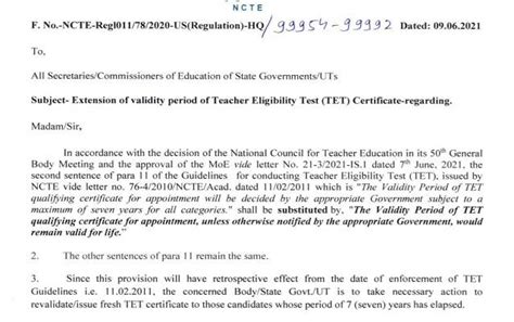 NCTE Issues Notice Amending Guidelines To Extend CTET TET Certificate