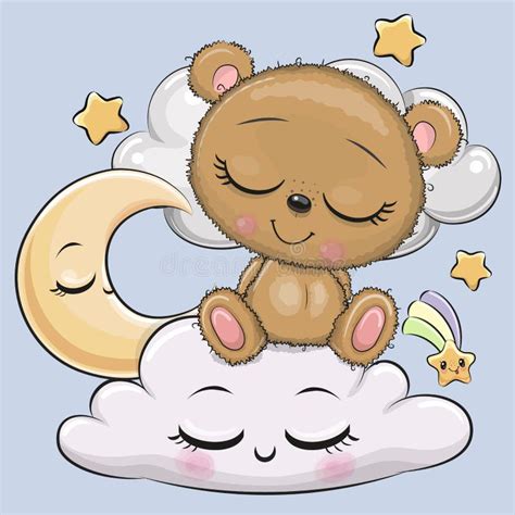 Cartoon Teddy Bear Is Sleeping A On The Cloud Stock Vector