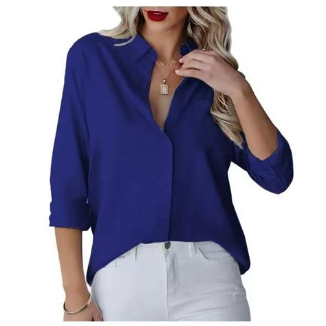 Mlanm Womens Casual Button Down Shirts V Neck Long Sleeve Collared Office Work Blouses Tops S