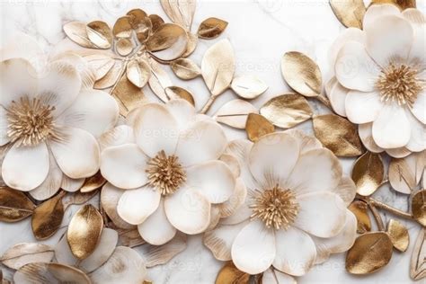 The Marble Texture In White And Gold Colors With Golden Flowers