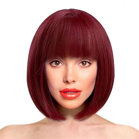 Red Bob Wig With Bangs 12 Inch Short Synthetic Fiber Bob Wigs For Women