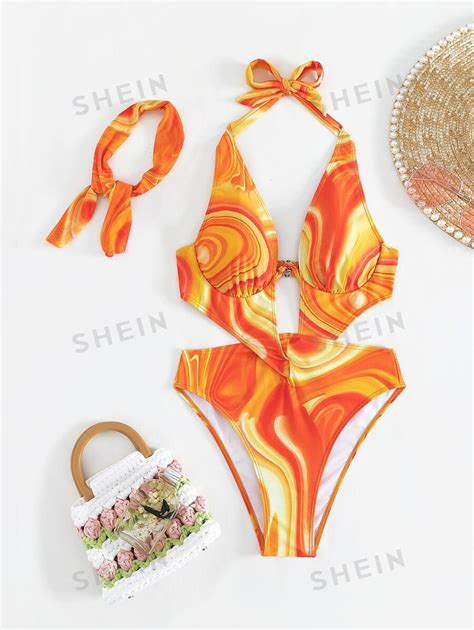 Shein Swim Sxy Summer Beach Allover Print Cut Out Halter One Piece