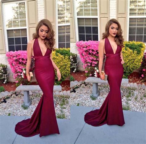 Custom Made Mermaid V Neck Backless Maroon Prom Dress Burgundy Formal