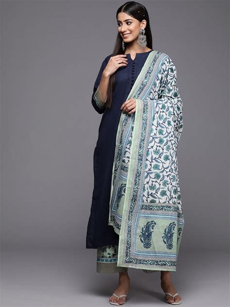 Buy Indo Era Women Navy Blue Liva Kurta With Palazzos With Dupatta