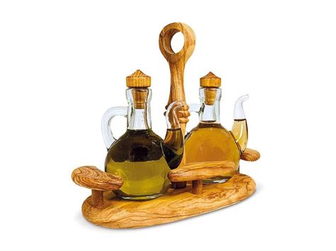 Oil Vinegar Bottles In An Olive Wood Stand